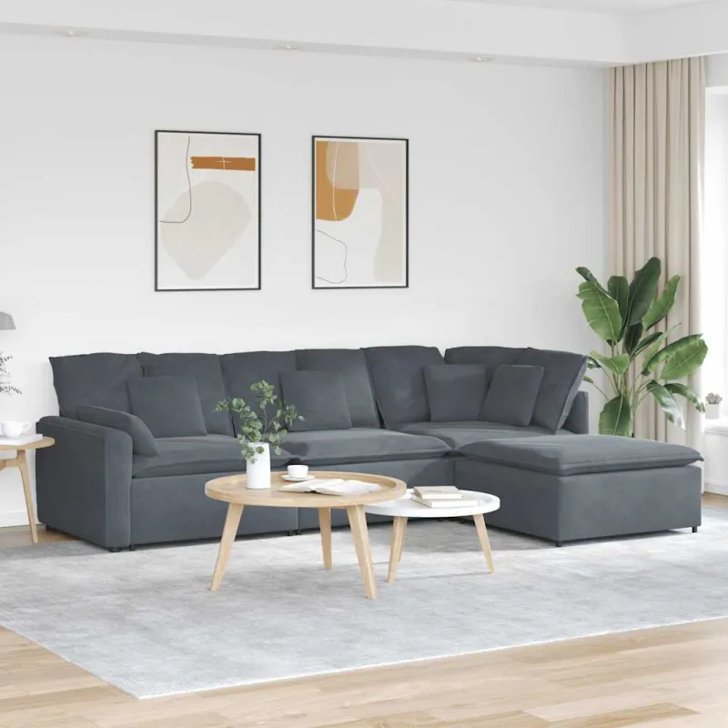 Modulinė sofa su pakoja ir pagalvėlėmis, aksominė, tamsiai pilka