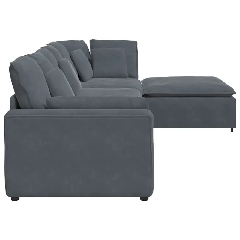 Modulinė sofa su pakoja ir pagalvėlėmis, aksominė, tamsiai pilka