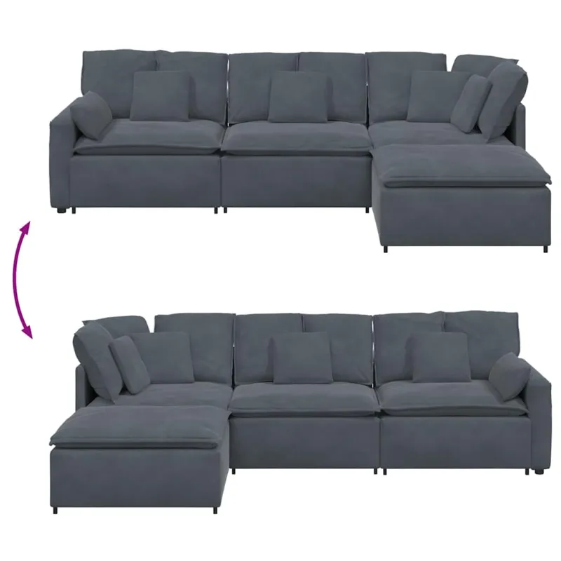 Modulinė sofa su pakoja ir pagalvėlėmis, aksominė, tamsiai pilka