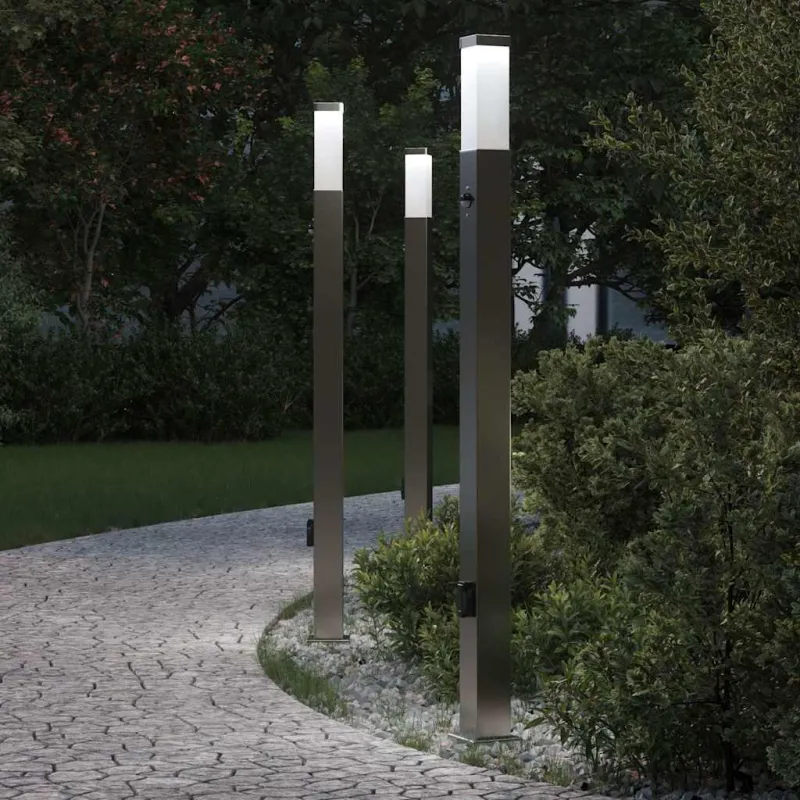 Apšvietimo stulpeliai su jutikliu ir lizdu, 3 vnt., 110 cm, nerūdijantis plienas, IP44
