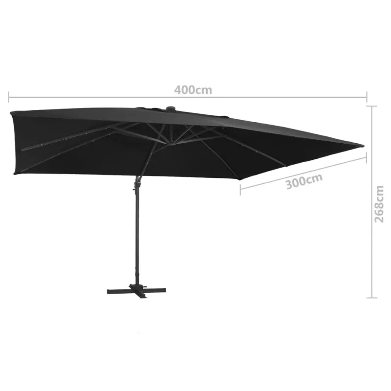Gembinis skėtis su LED/aliuminio stulpu, juodas, 400x300cm