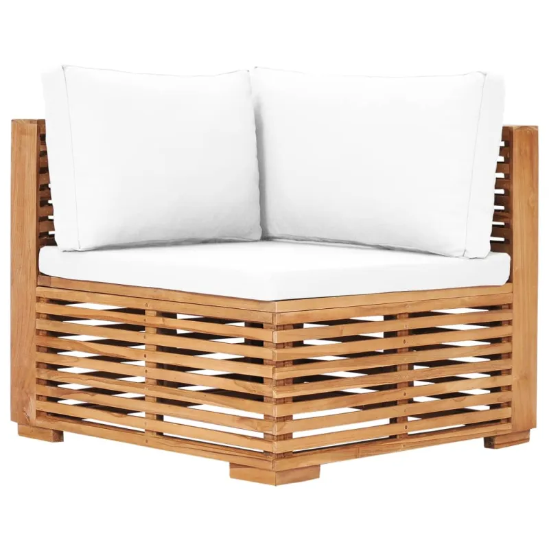 Kampinė sodo sofa su kreminėmis pagalvėlėmis, tikmedžio masyvas