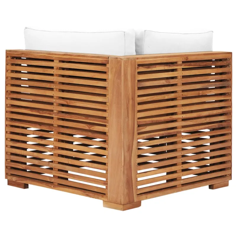 Kampinė sodo sofa su kreminėmis pagalvėlėmis, tikmedžio masyvas
