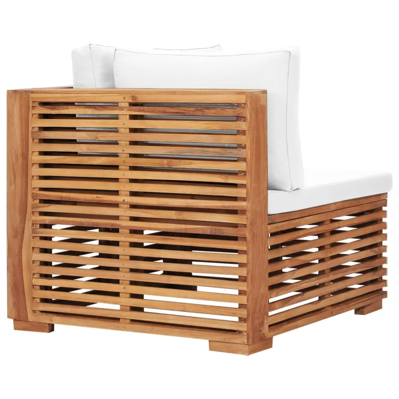 Kampinė sodo sofa su kreminėmis pagalvėlėmis, tikmedžio masyvas