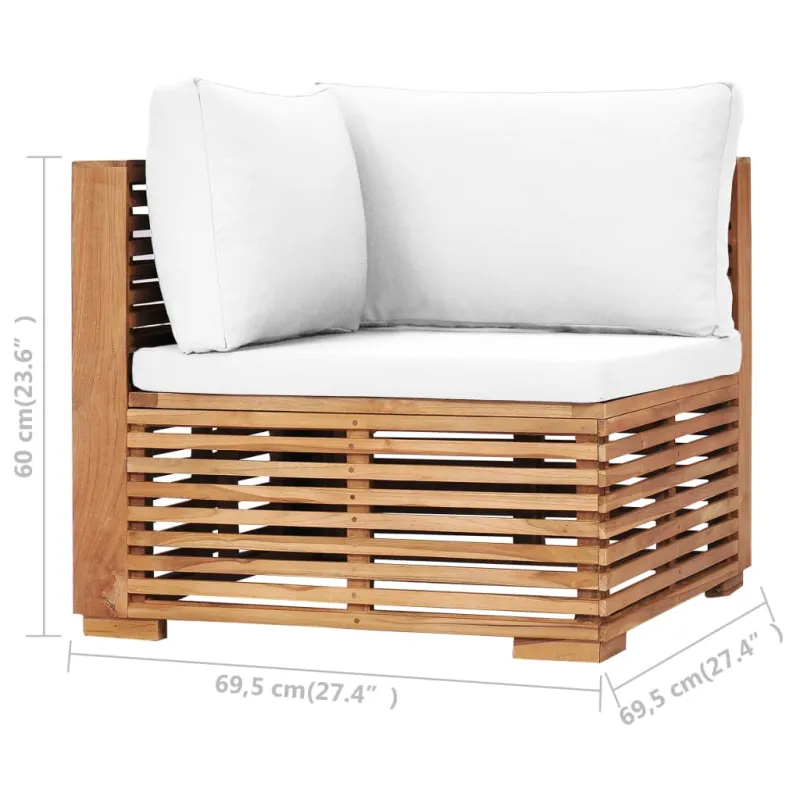 Kampinė sodo sofa su kreminėmis pagalvėlėmis, tikmedžio masyvas