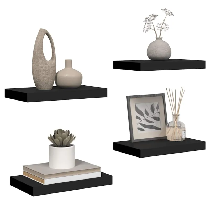 Pakabinamos sieninės lentynos, 4vnt., juodos, 40x23x3,8cm, MDF