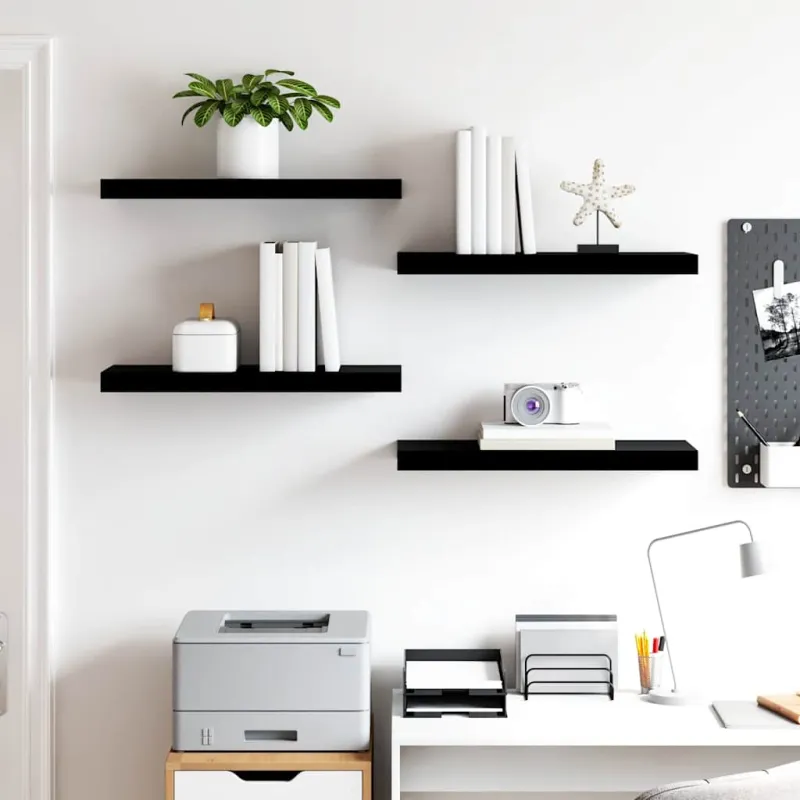 Pakabinamos lentynos, 4vnt., juodos, 60x23,5x3,8cm, MDF
