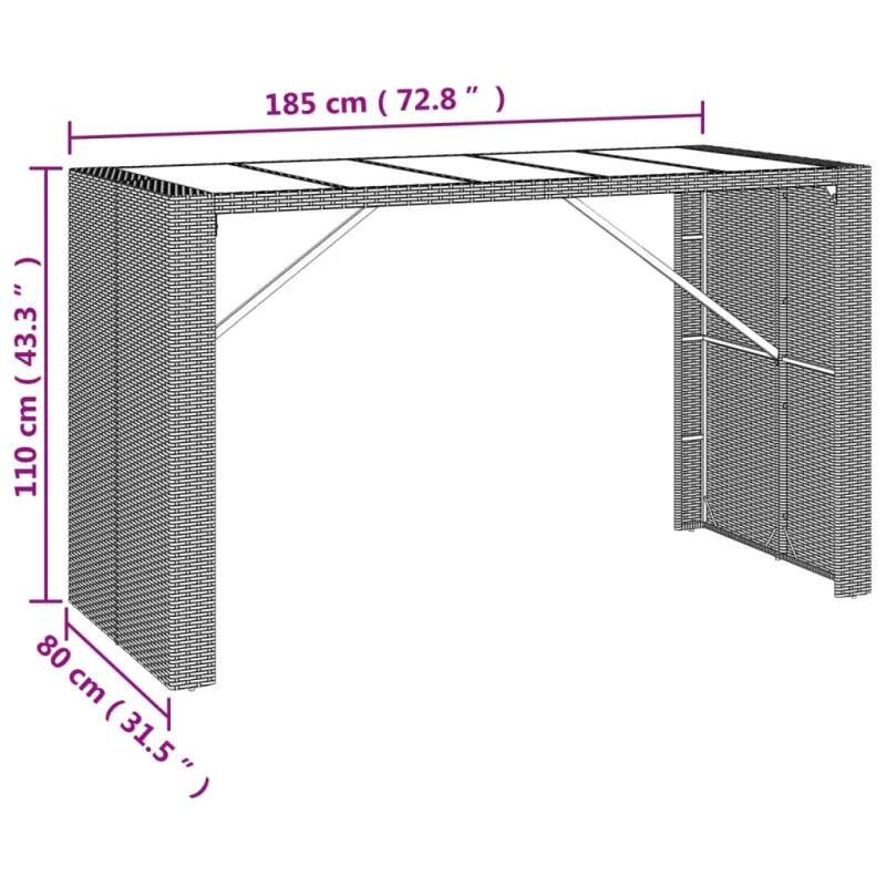 Lasipintainen pöytä, harmaa, 185x80x110cm, rattan