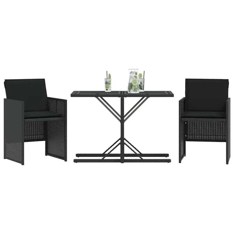 Bistro-Setti tyynyine, 3-os osat, musta, polyrattani