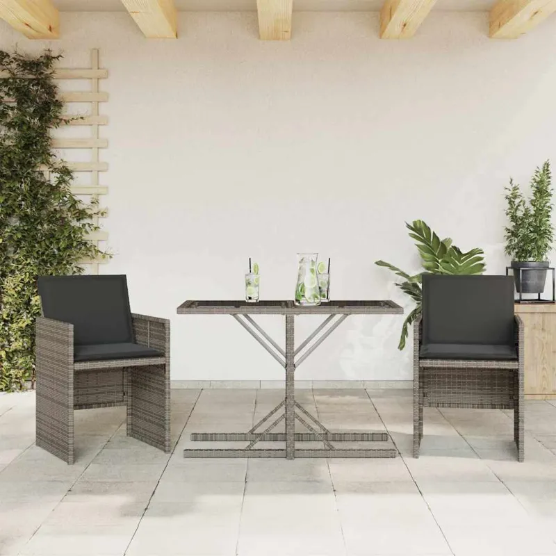 Bistro-Setti pehmusteilla, 3-os osat, harmaa, polyrattaniâ