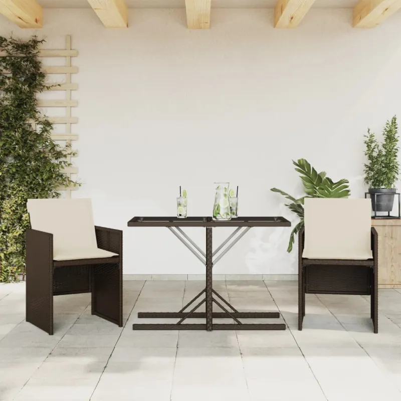 Bistro-Setti pehmusteilla, 3-os osat, ruskea, polyrattani