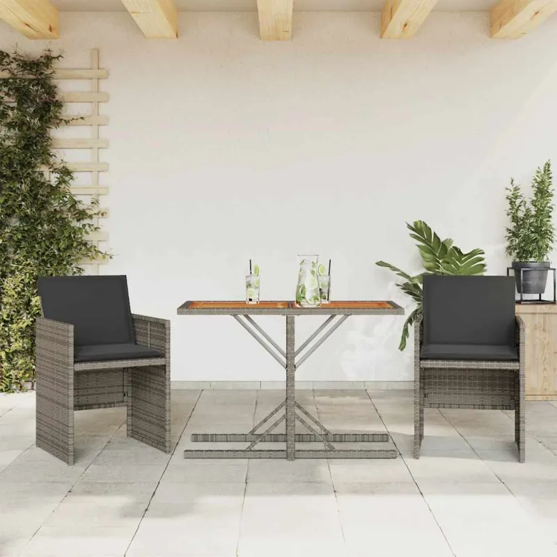 Bistro-Setti pehmusteilla, 3-os osat, harmaa, polyrattaniâ