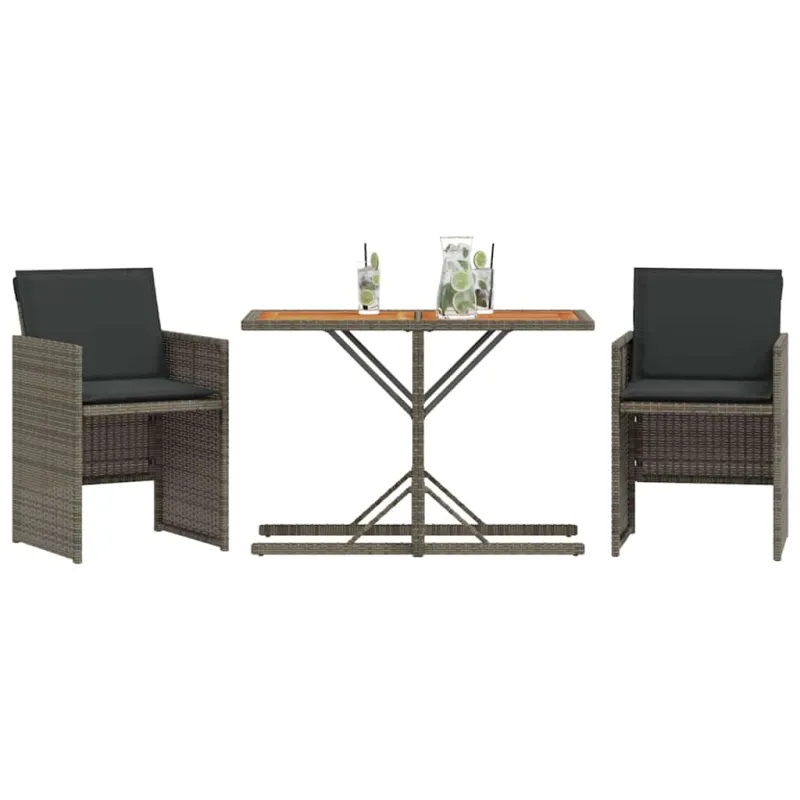 Bistro-Setti pehmusteilla, 3-os osat, harmaa, polyrattaniâ
