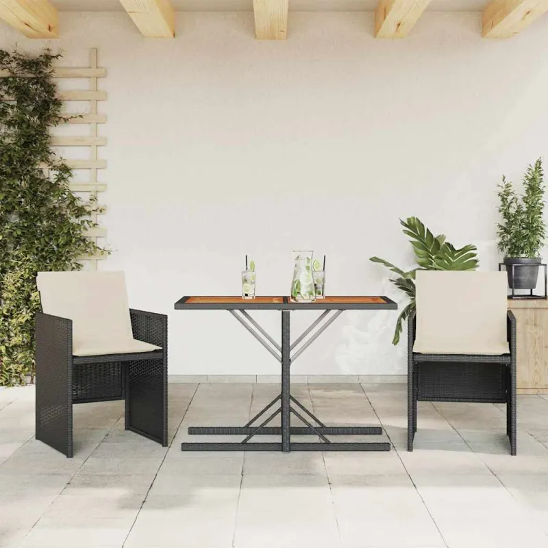 Bistro-Setti pehmusteilla, 3-os osat, musta, polyrattani