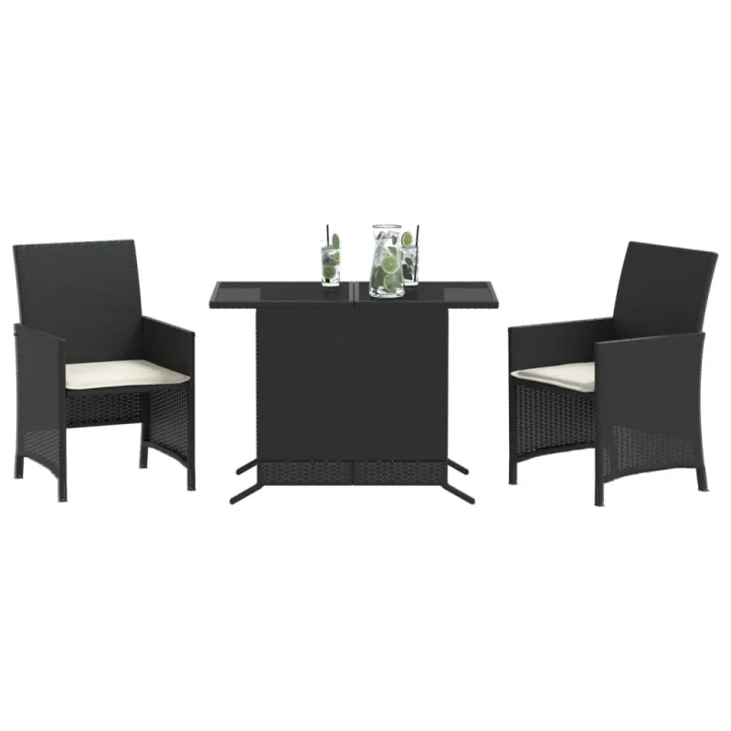 Bistro-Setti tyynyillä, 3-osainen, musta, polyrattana