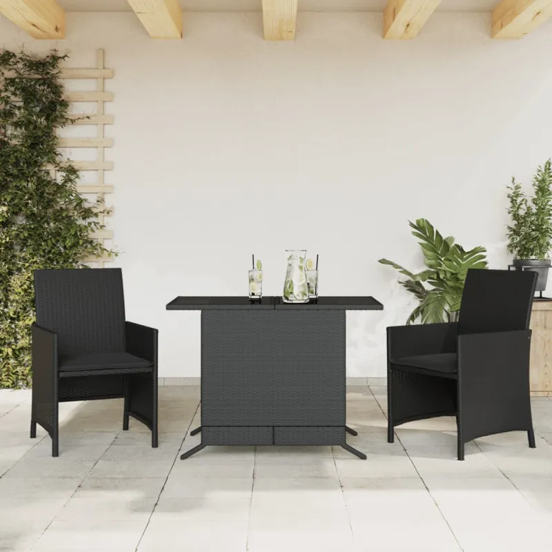 Bistro-Setti pehmusteilla, 3-os osat, musta, polyrattani