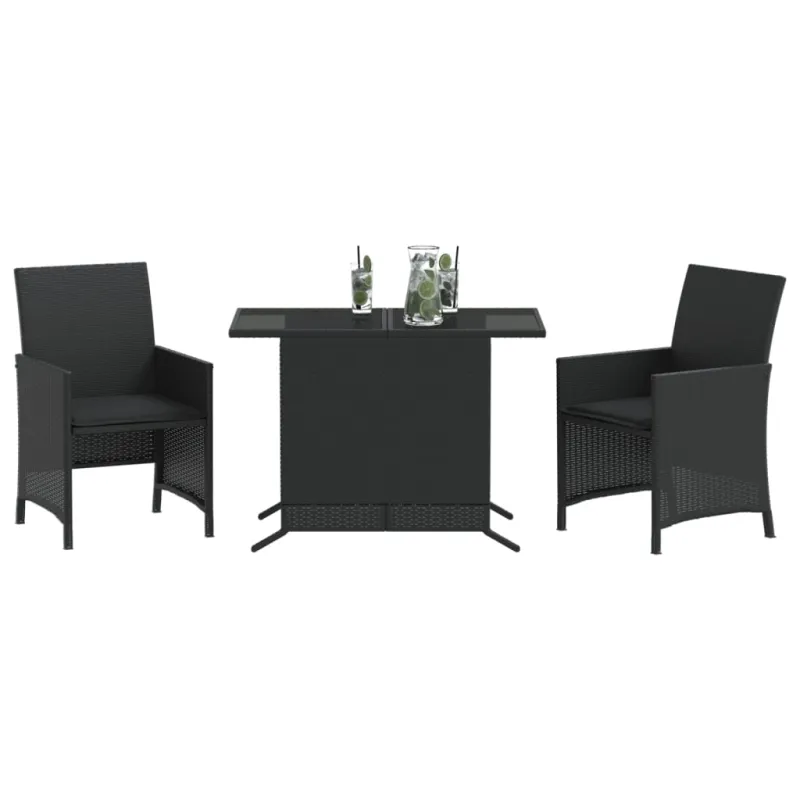 Bistro-Setti pehmusteilla, 3-os osat, musta, polyrattani