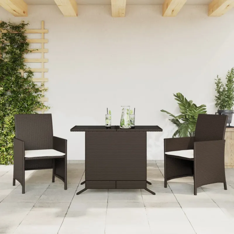 Bistro-Setti pehmusteilla, 3-os osat, ruskea, polyrattani