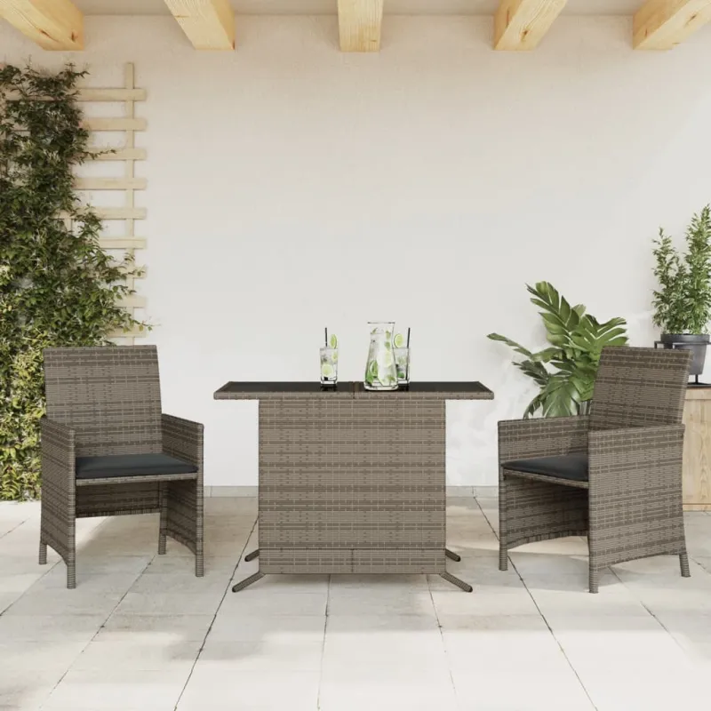 Bistro-Setti pehmusteilla, 3-os osat, harmaa, polyrattaniâ