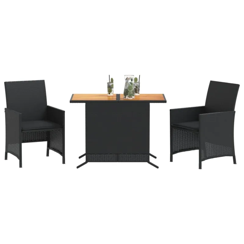 Bistro-Setti pehmusteilla, 3-os osat, musta, polyrattana