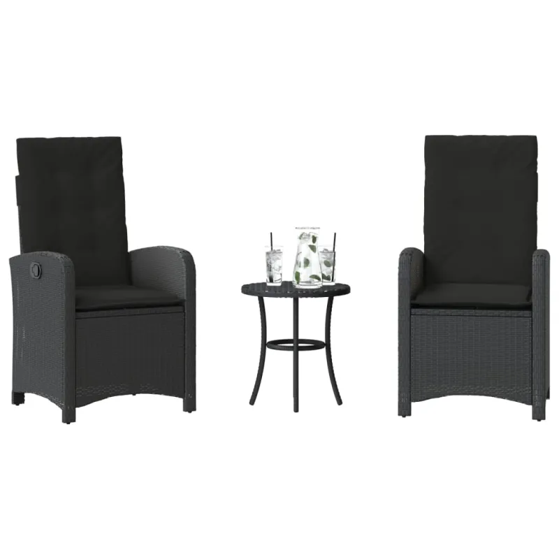 Bistro-Setti pehmusteilla, 3-os osat, musta, polyrattani