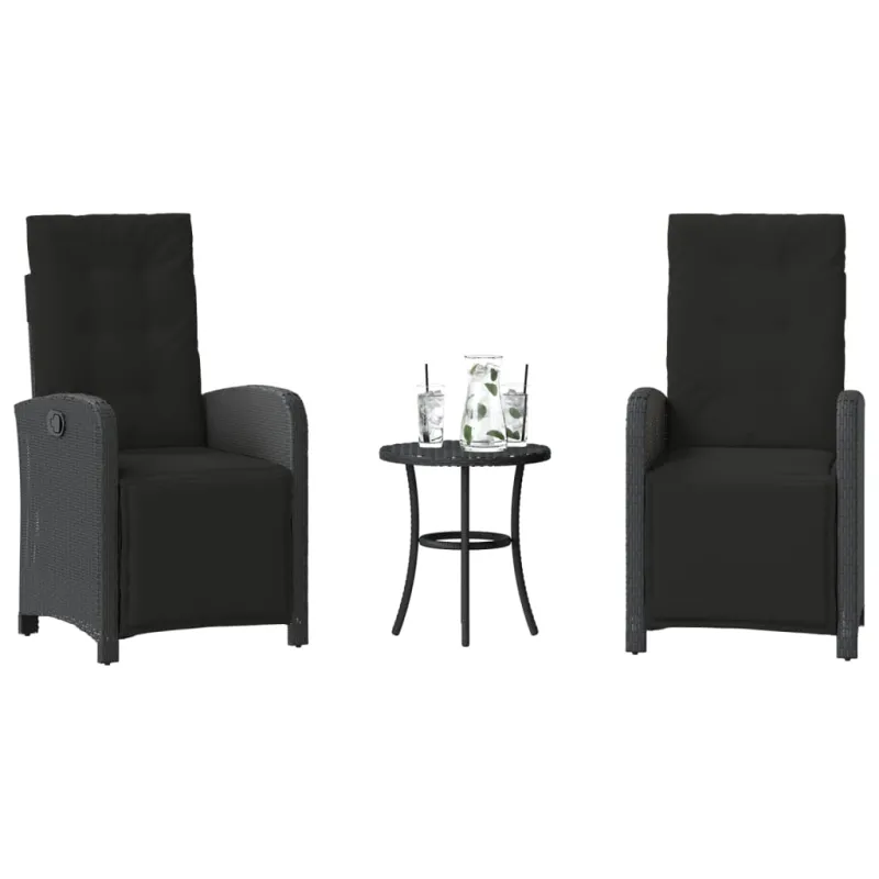 Bistro-Setti pehmusteilla, 3-os osat, musta, polyrattani