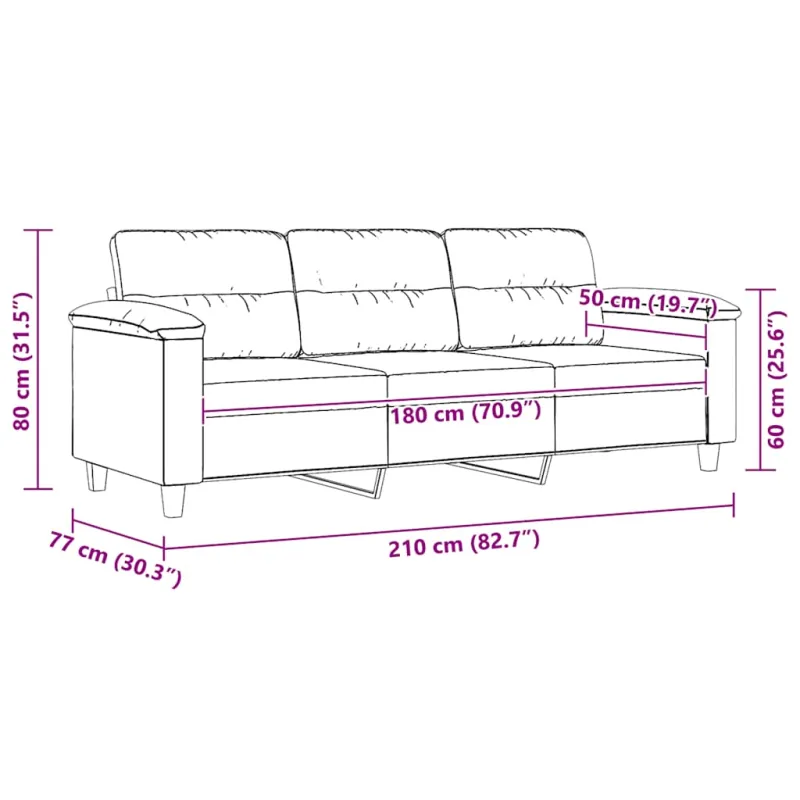 Trivietė sofa, juodos spalvos, 180cm, mikropluošto audinys