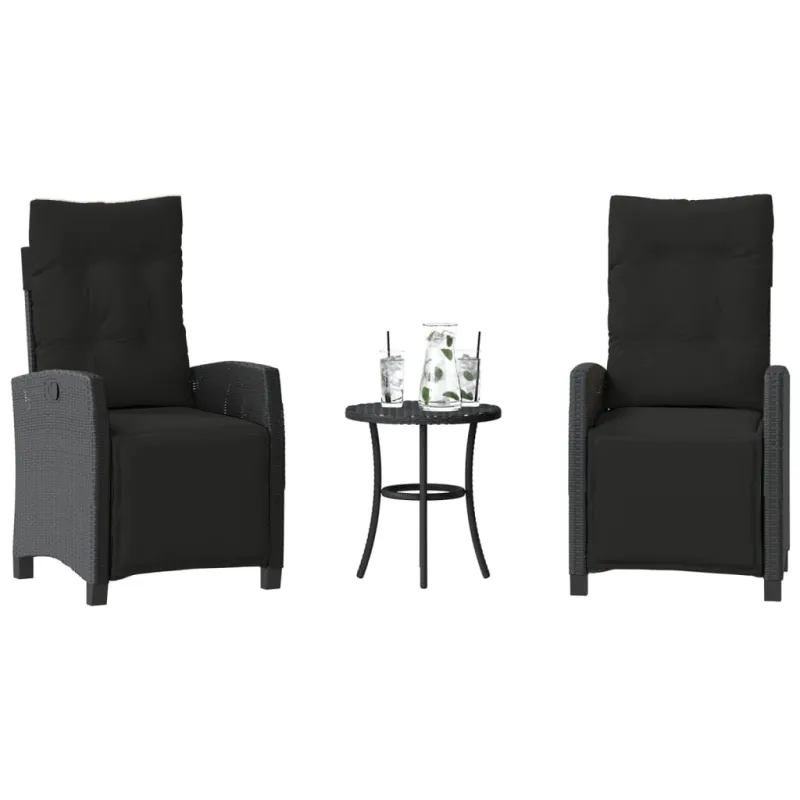 Bistro-Setti pehmusteilla, 3-os osat, musta, polyrattani