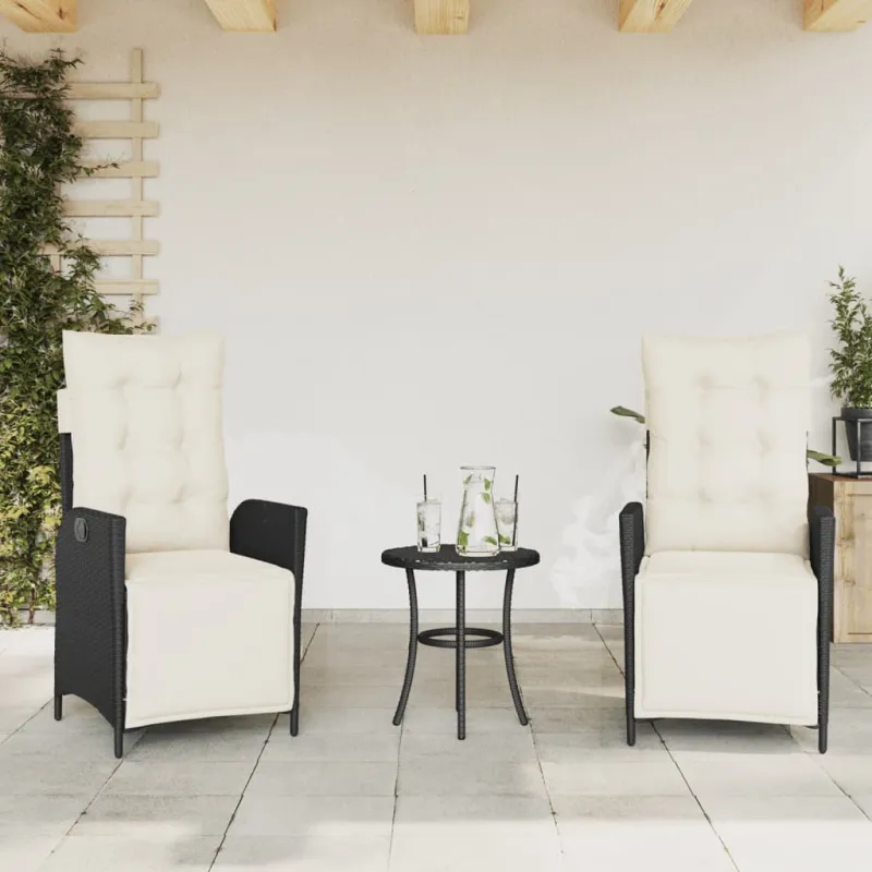 Bistro-Setti pehmusteilla, 3-os osat, musta, polyrattani