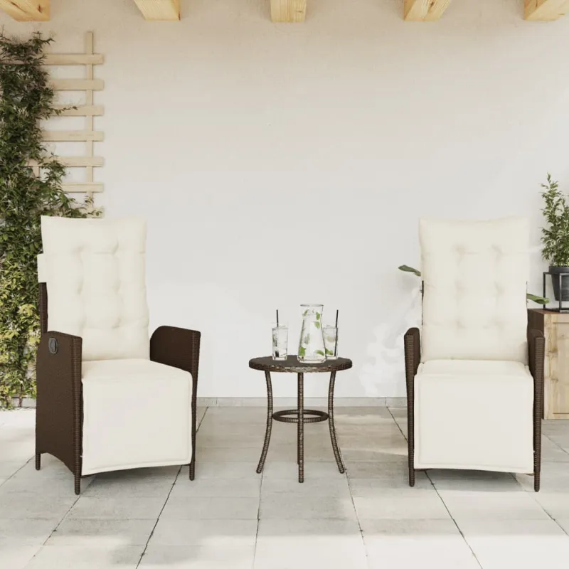 Bistro-Setti pehmusteilla, 3-os osat, ruskea, polyrattani