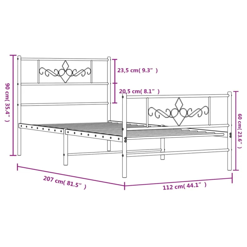 Lovos rėmas su galvūgaliu/kojūgaliu, juodas, 107x203cm, metalas