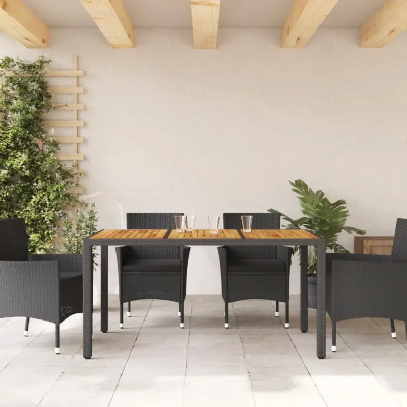 Pöytä puupintaisella tasolla, musta, 150x90x75cm, polyrattana