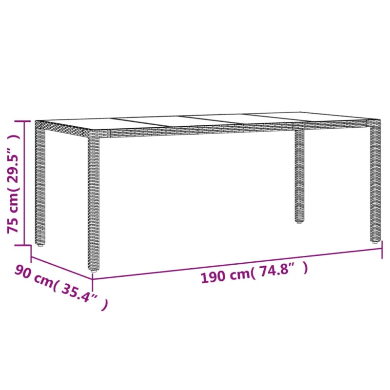 Lasipintainen pöytä, musta, 190x90x75 cm, polyrattana