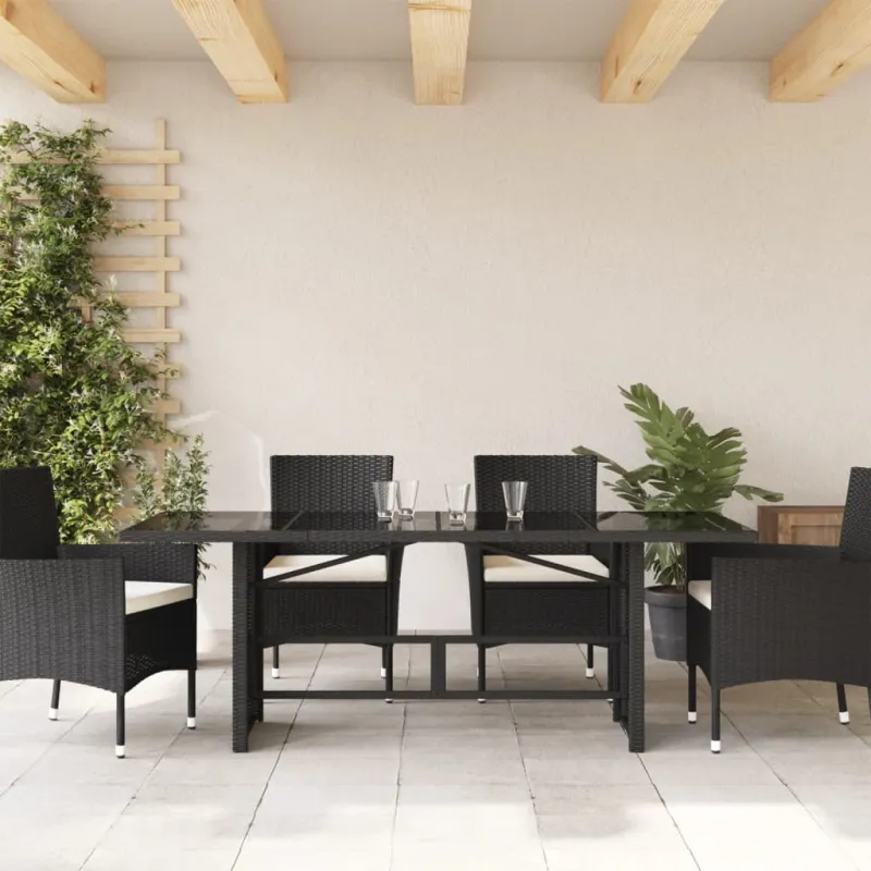 Pöytä lasipintaisella pinnalla, musta, 190x80x75cm, PE-ratanoitu