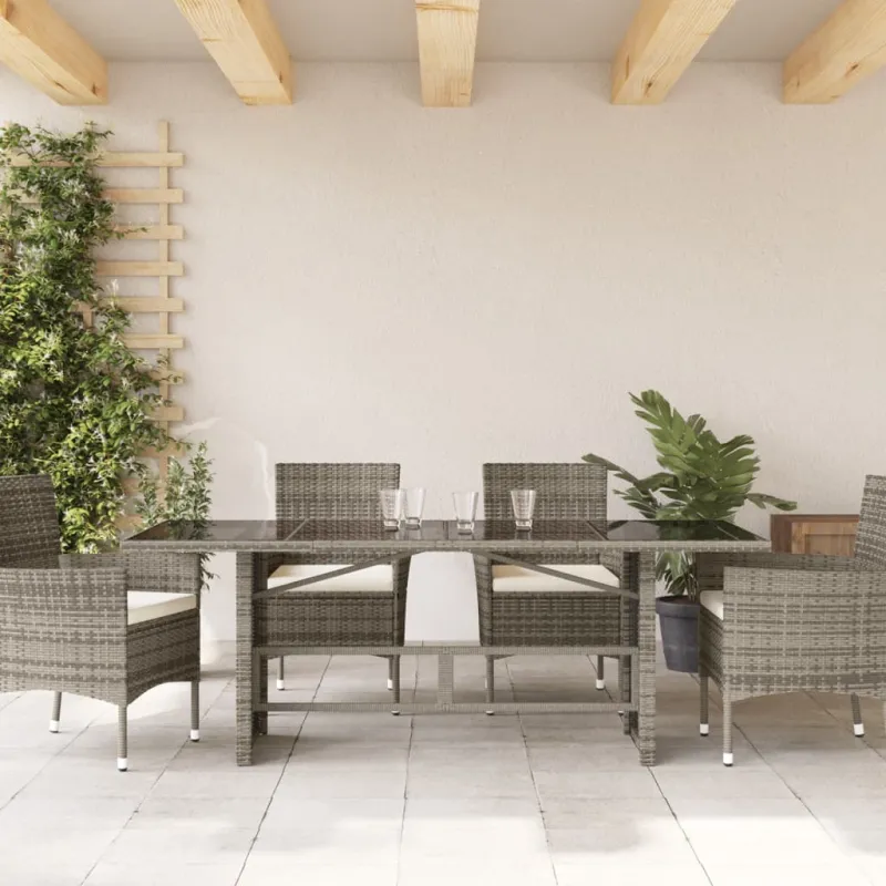 Pöytä lasipintaisella pinnalla, harmaa, 190x80x75cm, PE-rattana