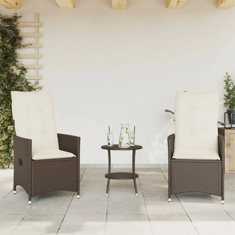 Bistro-Setti pehmusteilla, 3-os osat, ruskea, polyrattani