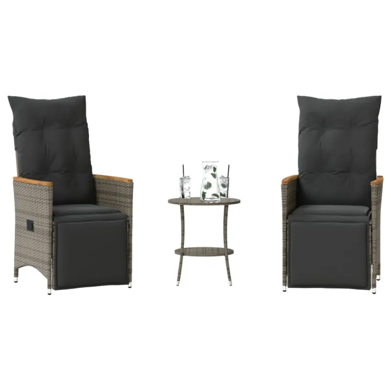 Bistro-Setti pehmusteilla, 3-os osat, harmaa, polyrattaniâ