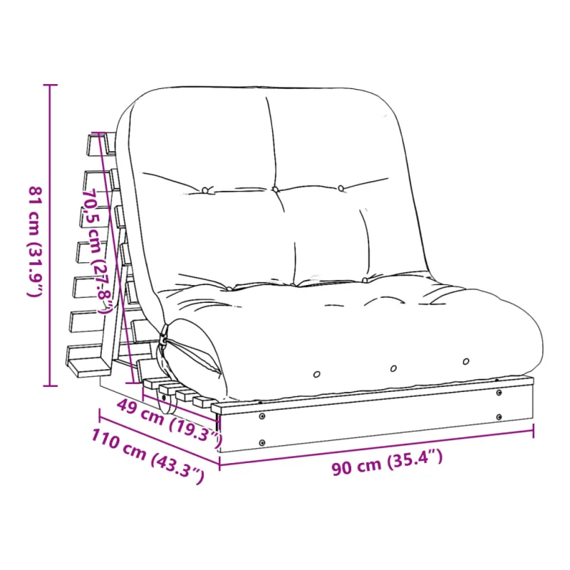 Futono sofa-lova su čiužiniu, vaško ruda, 90x206x11cm, pušis