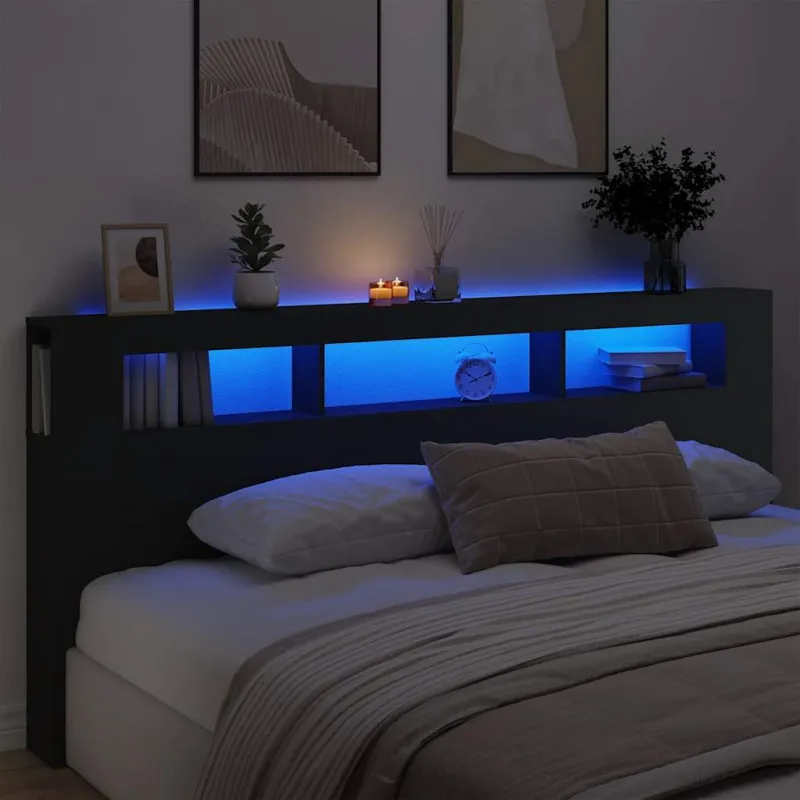 LED galvūgalis, juodas, 220x18,5x103,5cm, apdirbta mediena
