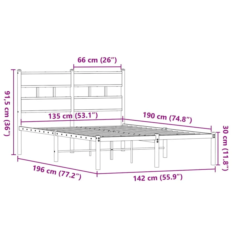 Lovos rėmas be čiužinio, dūminio ąžuolo, 135x190cm, metalas