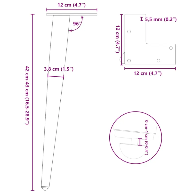 Kavos staliuko kojelės, 4 vnt., antracito spalvos, 42-43 cm, plienas, kūginės formos