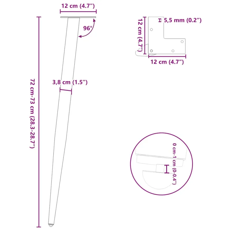 Konsolinio staliuko kojelės, kūginės, 4 vnt., juodos, 72-73 cm, plienas
