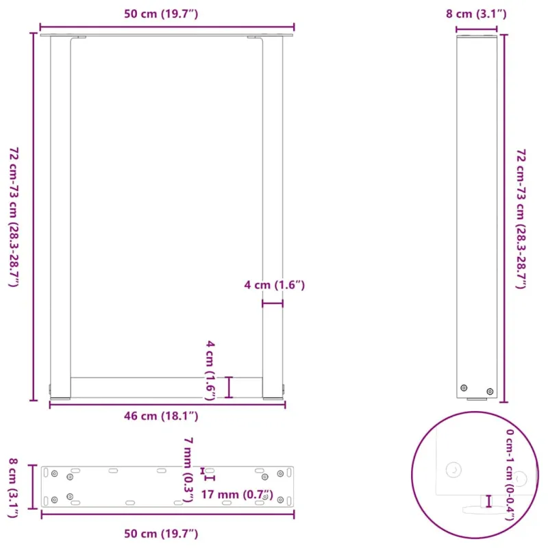 Valgomojo stalo kojos, U formos, 2 vnt., antracito spalvos, 50x(72-73) cm, plienas