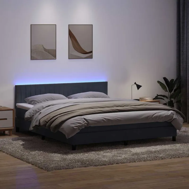 Lova su spyruokliniu/čiužiniu/LED, tamsiai pilka, 180x210 cm, aksomas
