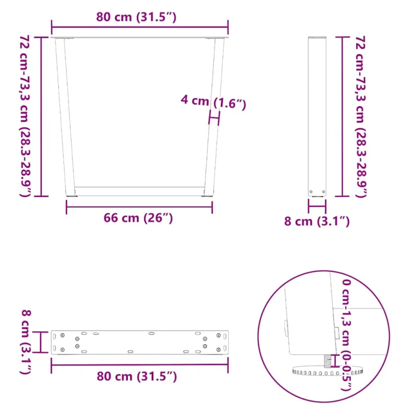 Valgomojo stalo kojelės, V formos, 3 vnt., natūralus plienas, 80x(72-73,3) cm, plienas