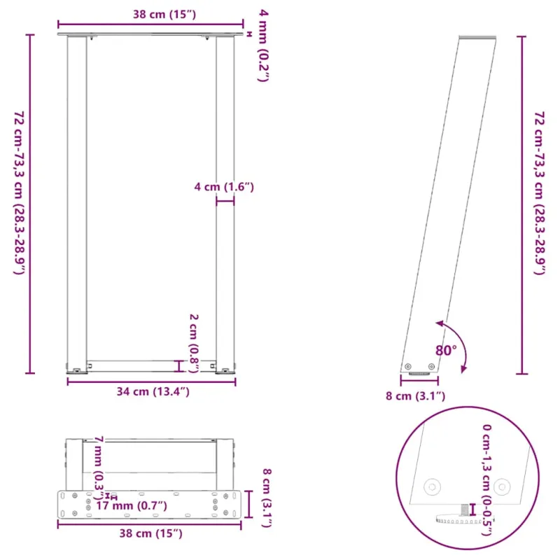 Konsolinio stalo kojelės, U formos, 2 vnt., baltos, 38x(72-73) cm, plienas