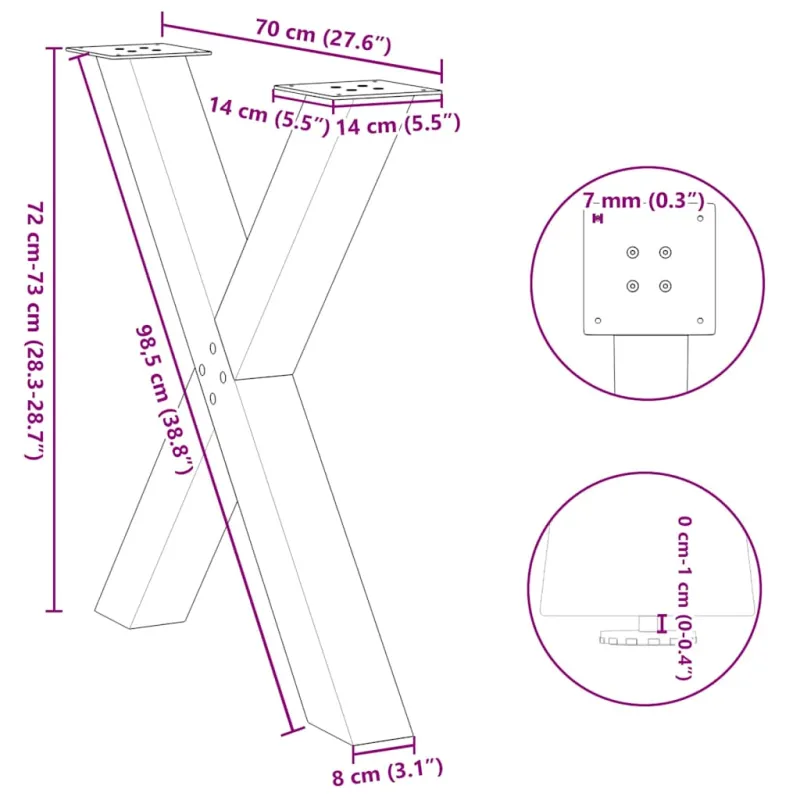 Valgomojo stalo kojos, 2 vnt., baltos, 70x(72-73) cm, plienas, X formos