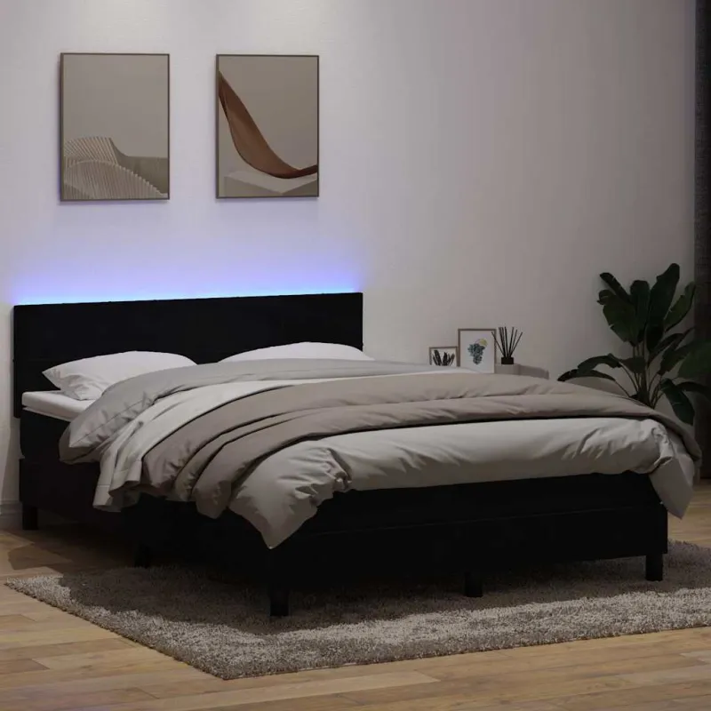 Lova su spyruokliniu/čiužiniu/LED, juoda, 160x210 cm, aksominė