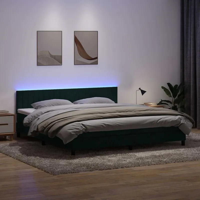 Lova su spyruokliniu/čiužiniu/LED, tamsiai žalia, 180x220 cm, aksomas