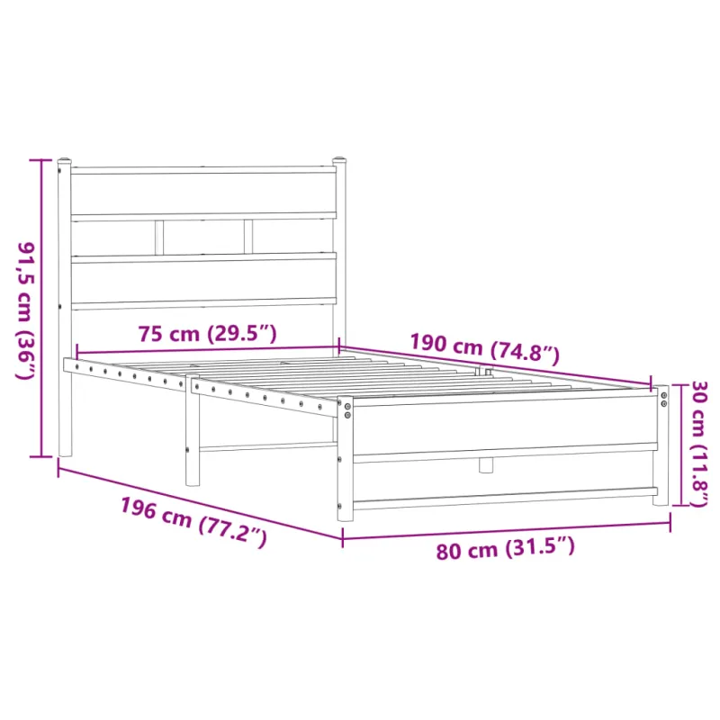 Metalinis lovos rėmas be čiužinio Rudas ąžuolas 75x190 cm